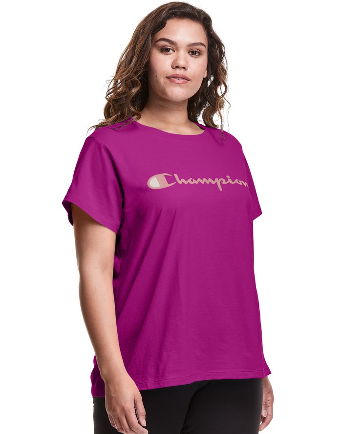 Champion Dame T-Shirts Lyserød - Plus Classic Script Logo - Danmark QMG-826371